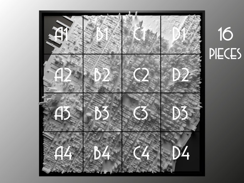May include: A 16-piece jigsaw puzzle featuring a 3D model of a city skyline. The puzzle pieces are labeled with letters and numbers, A1 through D4.