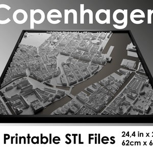 3D Copenhagen, World Map, 3D Denmark, 3d print stl file, Copenhagen Skyline, Copenhagen map, Digital file, housewarming gift, custom map image 1