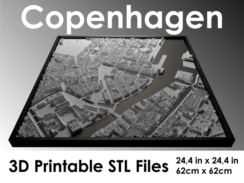 3D Copenhagen, World Map, 3D Denmark, 3d print stl file, Copenhagen Skyline, Copenhagen map, Digital file, housewarming gift, custom map image 1