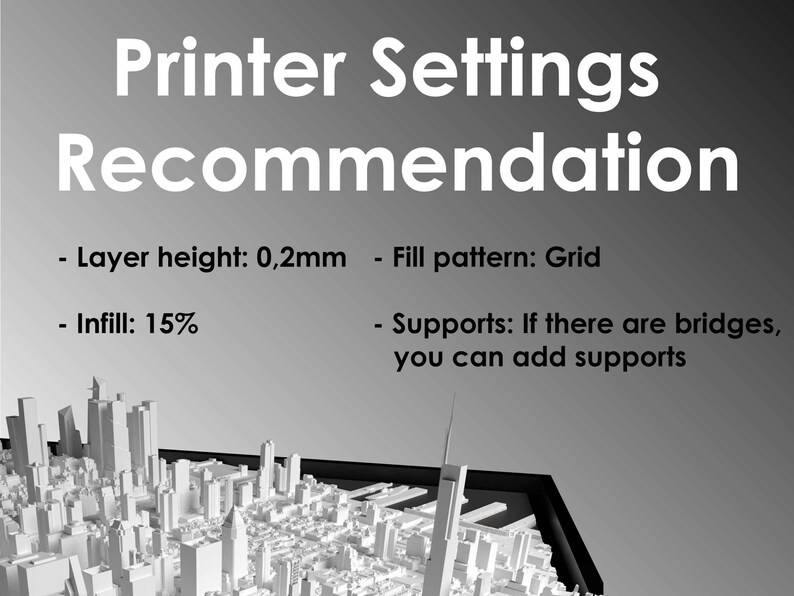 May include: A black and white image showing a 3D printed model of a city skyline. The image includes text that reads "Printer Settings Recommendation" and lists recommended settings for 3D printing, including layer height, infill, fill pattern, and supports.