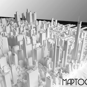 May include: A white 3D model of a city skyline, with tall buildings and streets. The model is on a black surface and the word "MAPTOGRAM" is printed in black at the bottom of the image.