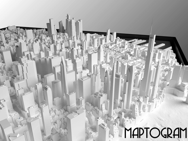 May include: A white 3D model of a city skyline, with tall buildings and streets. The model is on a black surface and the word "MAPTOGRAM" is printed in black at the bottom of the image.