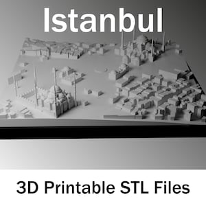Puede incluir: Modelo 3D blanco de Estambul, con representaciones arquitectónicas detalladas de edificios y monumentos. El modelo está sobre una base negra. El texto "Istanbul" está en la parte superior y "3D Printable STL Files" en la inferior.