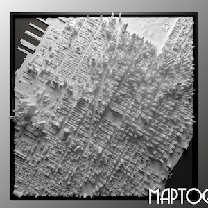 May include: A white 3D model of a city skyline, likely New York City, with the text "MAPTOGRAM" at the bottom.