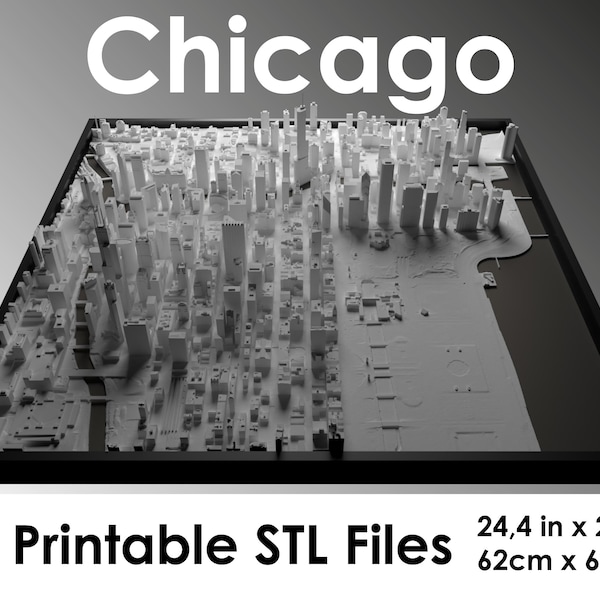 3D Chicago, World Map, 3D USA, 3d print stl file, Chicago Skyline, Chicago map, Digital file, housewarming gift, custom city map, art, bean