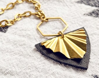 Statement Necklace Geometric Jewelry Leather Minimalist Brass Pendant