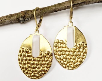 Brass oval hammered geometric earrings