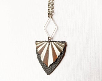 Leather and silver plated brass minimalist necklace statement geometric jewelry