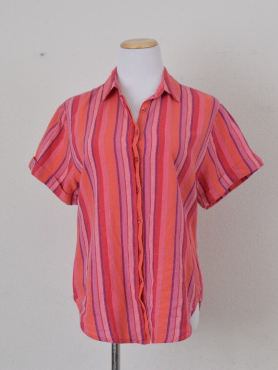 Vintage 90s Linen/Rayon Vertical Stripe Button Bl… - image 5