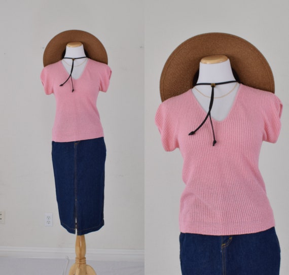 Vintage 80s Bubble Gum Pink Knit Sweater Top - image 1