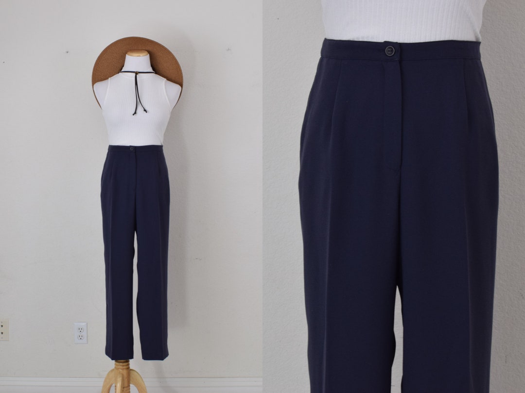 Vintage〈polyester rayon slacks 90s blue〉 Vintage 90s Blue Flowy Polyester Trousers Size 12P | 30-32