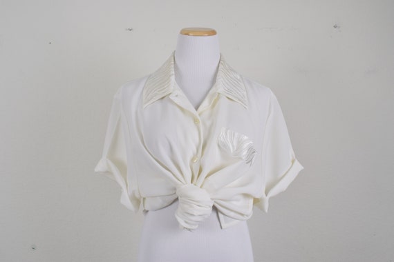 Vintage 80s Semi-Sheer Polyester Beige Blouse | p… - image 2