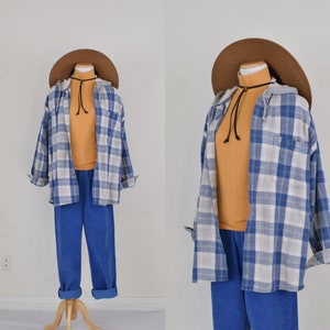 Vintage 90s Blue Plaid Cotton Shirt | long sleeves size L
