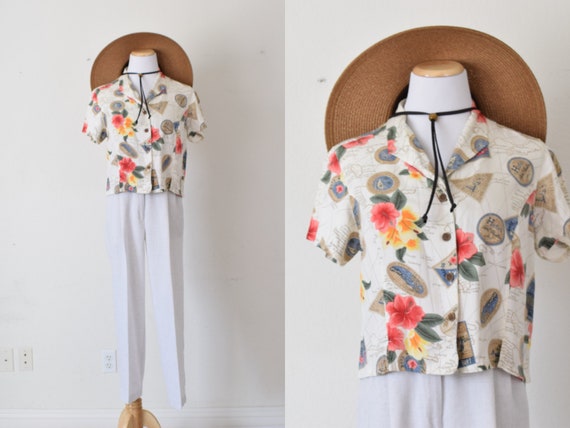 Vintage Floral 90s Button Down Floral Rayon Blous… - image 1