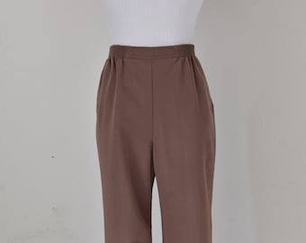 Pantaloni vintage anni '80 con vita arricciata, in poliestere/rayon color noce / taglia 30-32