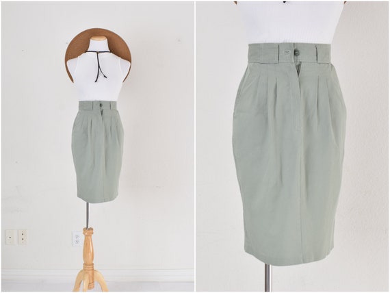 Vintage 90s Sage Poly/Cotton High Waisted Skirt s… - image 1