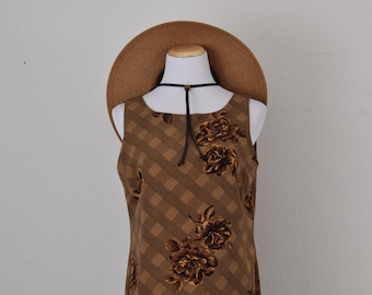Vintage 90s Black Brown Floral Polyester Dress | size 12