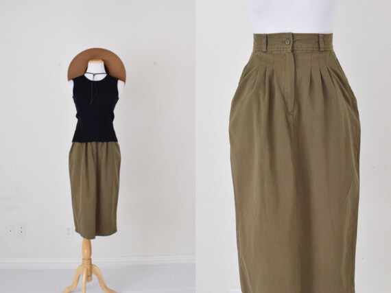 Vintage 80s Olive Green All Cotton High Waisted Skirt Size 9 26 Waist Etsy