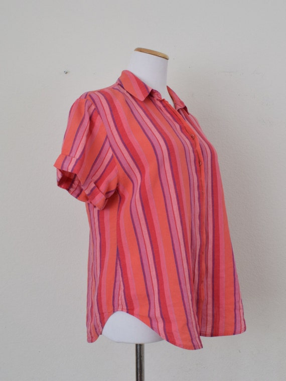 Vintage 90s Linen/Rayon Vertical Stripe Button Bl… - image 4