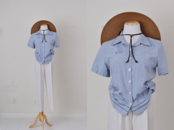 Vintage 80s Cotton Seersucker Check Blouse | size… - image 1