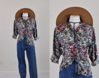 Vintage Rayon Floral Botanical Print Blouse | 90's blouse size S