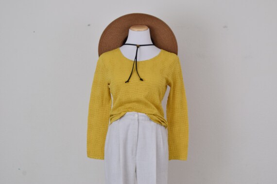 Vintage 90s Golden Yellow Polyester Scoop Neck sh… - image 2