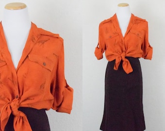 Vintage Rayon Orange Button-up Blouse | 80's blouse size  S