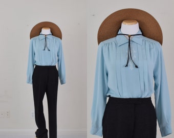 Vintage Teal Polyester Embroidered Blouse size 10