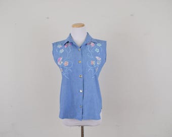 Vintage 80s Blue Embroidered Sleeveless Shirt