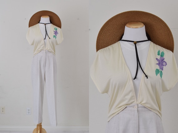 Vintage 70s Semi-Sheer Beige Polyester Crop Vest/… - image 1