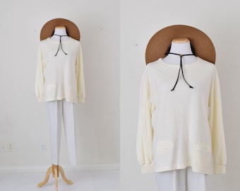 Vintage 80s Oversized Beige Long Sleeves tee shirt size M