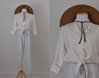 Vintage 80s Linen-Rayon Front Tie Blouse size 8