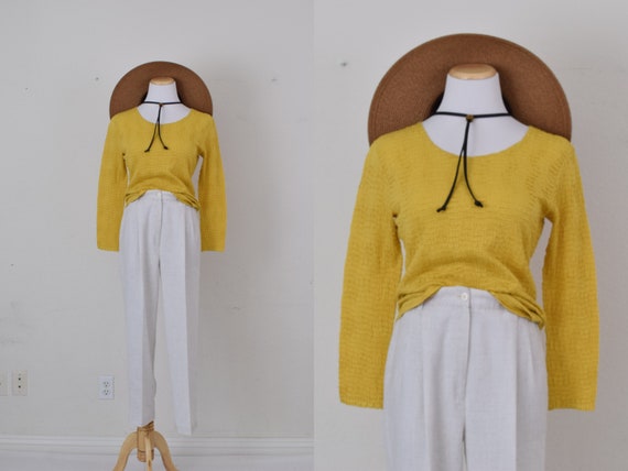 Vintage 90s Golden Yellow Polyester Scoop Neck sh… - image 1