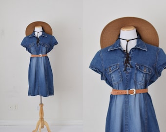 Vintage 90er Blue Denim Baumwoll Marktkleid| Größe S