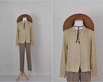 Vintage Tan Botanical Floral Blouse | 80's long sleeve blouse size 10