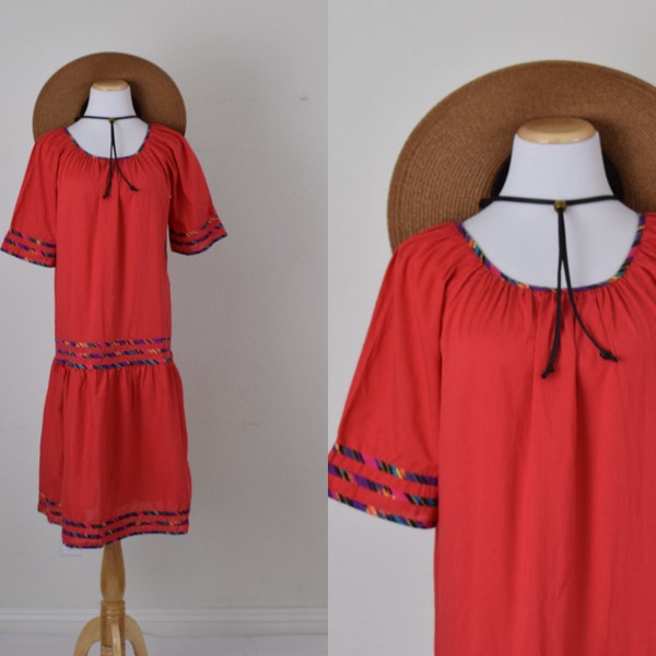 Vintage 80er Granada Poly/Cotton Muumuu Rotes Kleid | Größe S