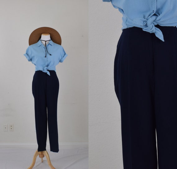 Vintage 80s Navy Polyester-Rayon Pleated Trousers… - image 1