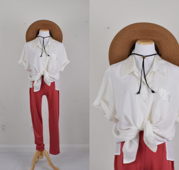 Vintage 80s Semi-Sheer Polyester Beige Blouse | p… - image 1