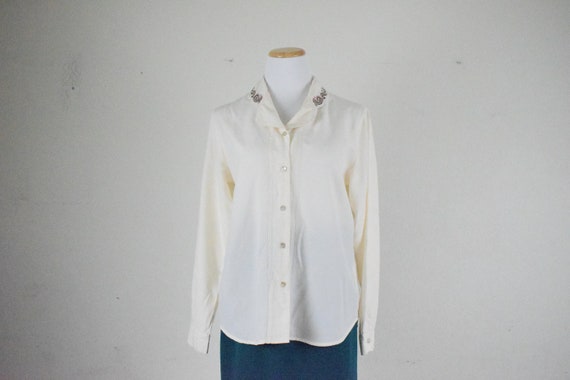 Vintage 80's Paisley Embroidered Cream Blouse - image 2