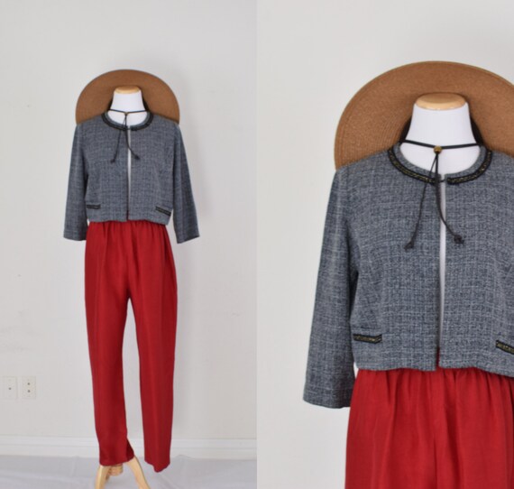 Vintage Micro Plaid Crop Jacket | 80's polyester … - image 1