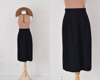Vintage 80s Wool Black Midi Skirt size 10 | 28 waist