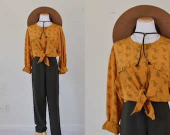 Vintage Golden Yellow Paisley Silk Blouse | 80's button up blouse size 14