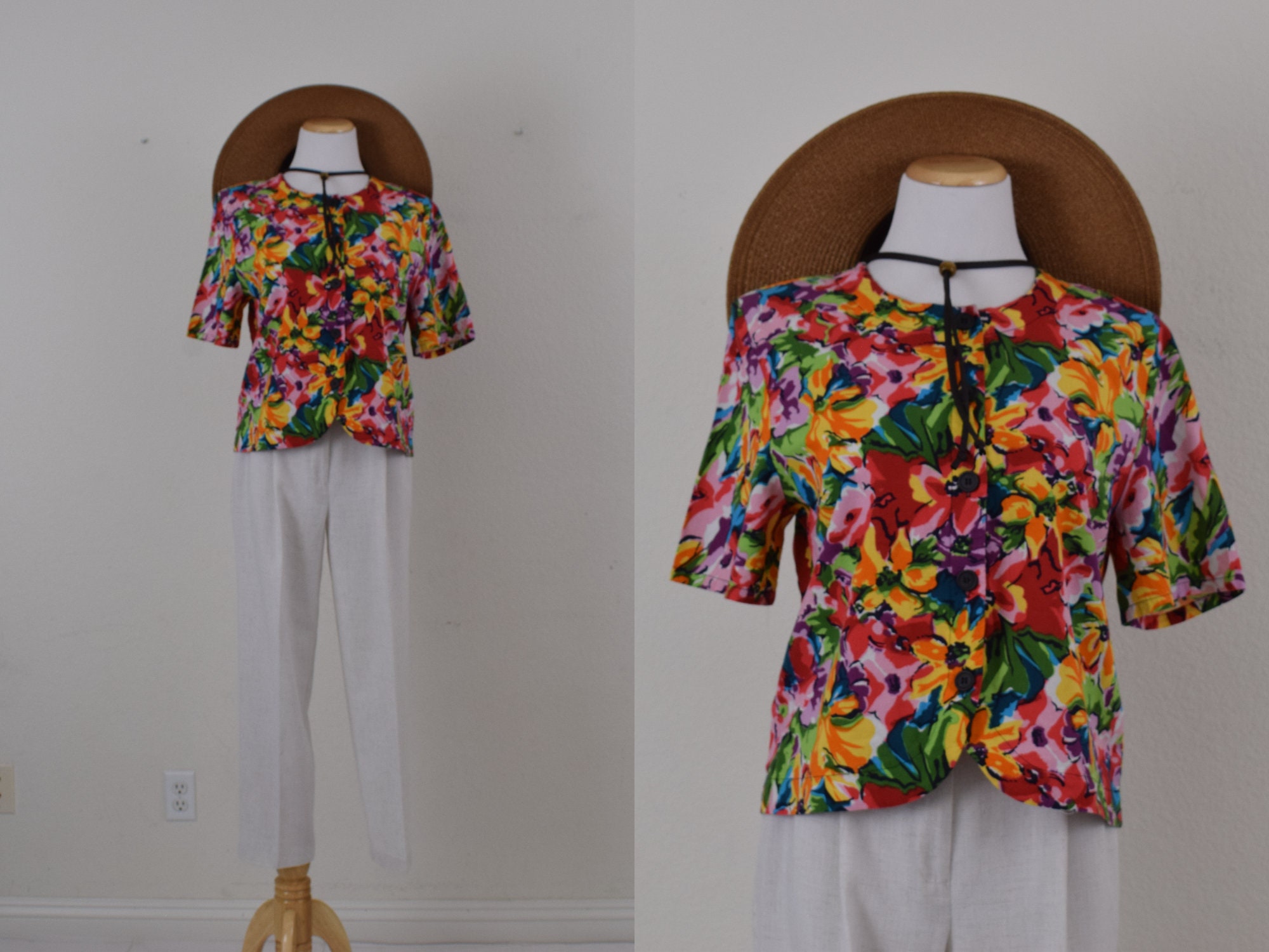 Vintage 90s Cotton/rayon Boxy Fit Short Sleeves Crop Floral