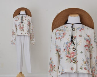 Vintage 90s Floral  Poly/Rayon Boxy Fit Long Sleeves Crop Shirt size Large