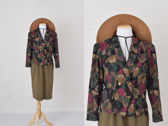 Vintage Dark Floral Sheer Polyester Blouse | 80s … - image 1