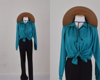 Vintage Button up Secretary Blouse | 70's Polyester blouse size M