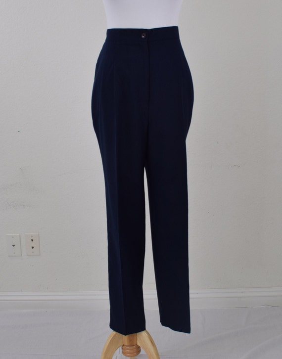 Vintage 80s Navy Polyester-Rayon Pleated Trousers… - image 2
