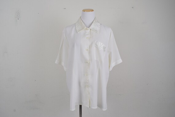 Vintage 80s Semi-Sheer Polyester Beige Blouse | p… - image 3