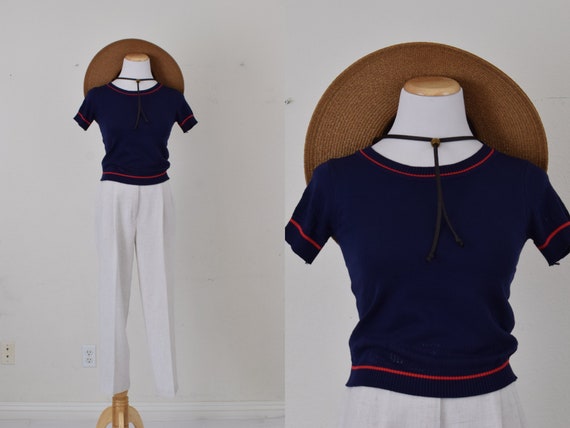 Vintage 90s Navy Acrylic Knit Top - image 1