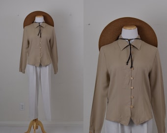Vintage 80s Fitted Tan Rayon/Polyester blouse size M